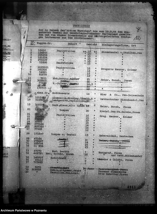 Obraz 20 z jednostki "Spisy i wykazy towarów złupionych w czasie powstania warszawskiego"