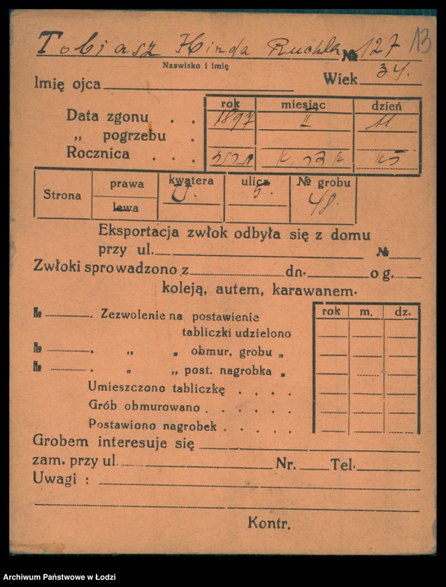 Obraz 14 z jednostki "Kartoteka osób pochowanych na cmentarzu żydowskim przy ulicy Brackiej w latach 1892-1957. Nazwiska na litery: To-Ty"