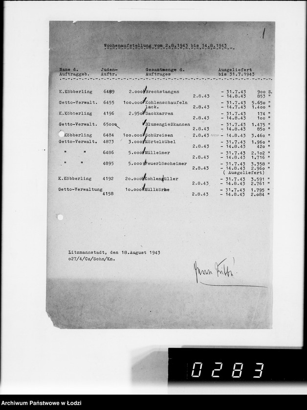 Obraz 5 z jednostki "Wochenberichte der Abteilungen.[Zestawienia zamówień i dostaw]"
