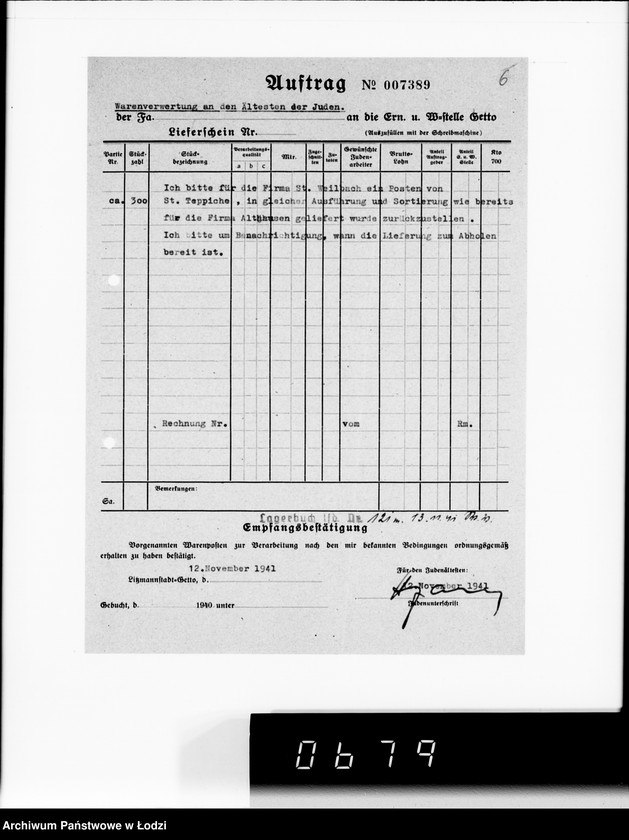 Obraz 10 z jednostki "F-ma St.Weilbach Litzmannstadt II Warenverwertung an den Juden Ältesten. 300 Stck.Teppiche"