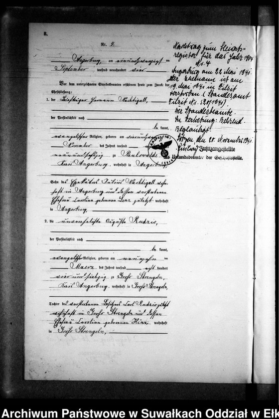 image.from.unit.number "Heirats-Neben-Register des Preussischen Standes-Amtes Gross Strengeln Kreis Angerburg"