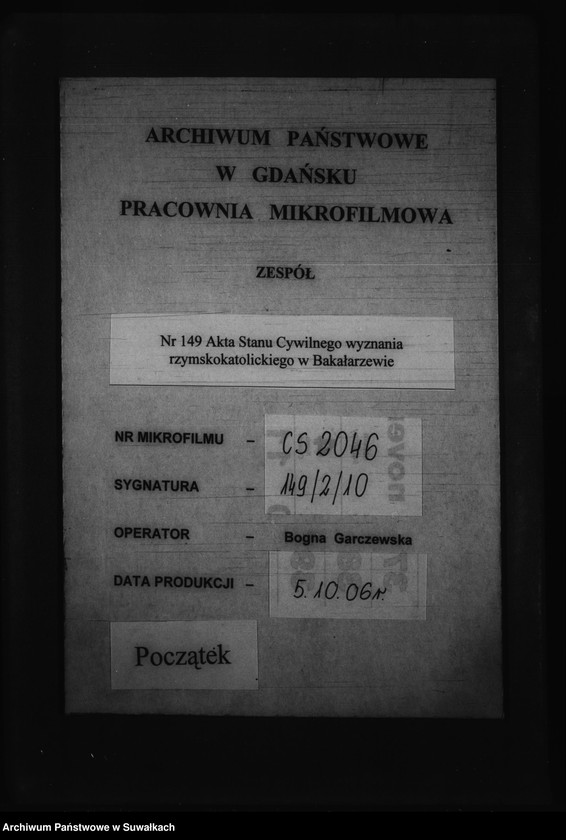 Obraz 1 z jednostki "Metryki należące do akt Szlubnych w Bakałarzewie"