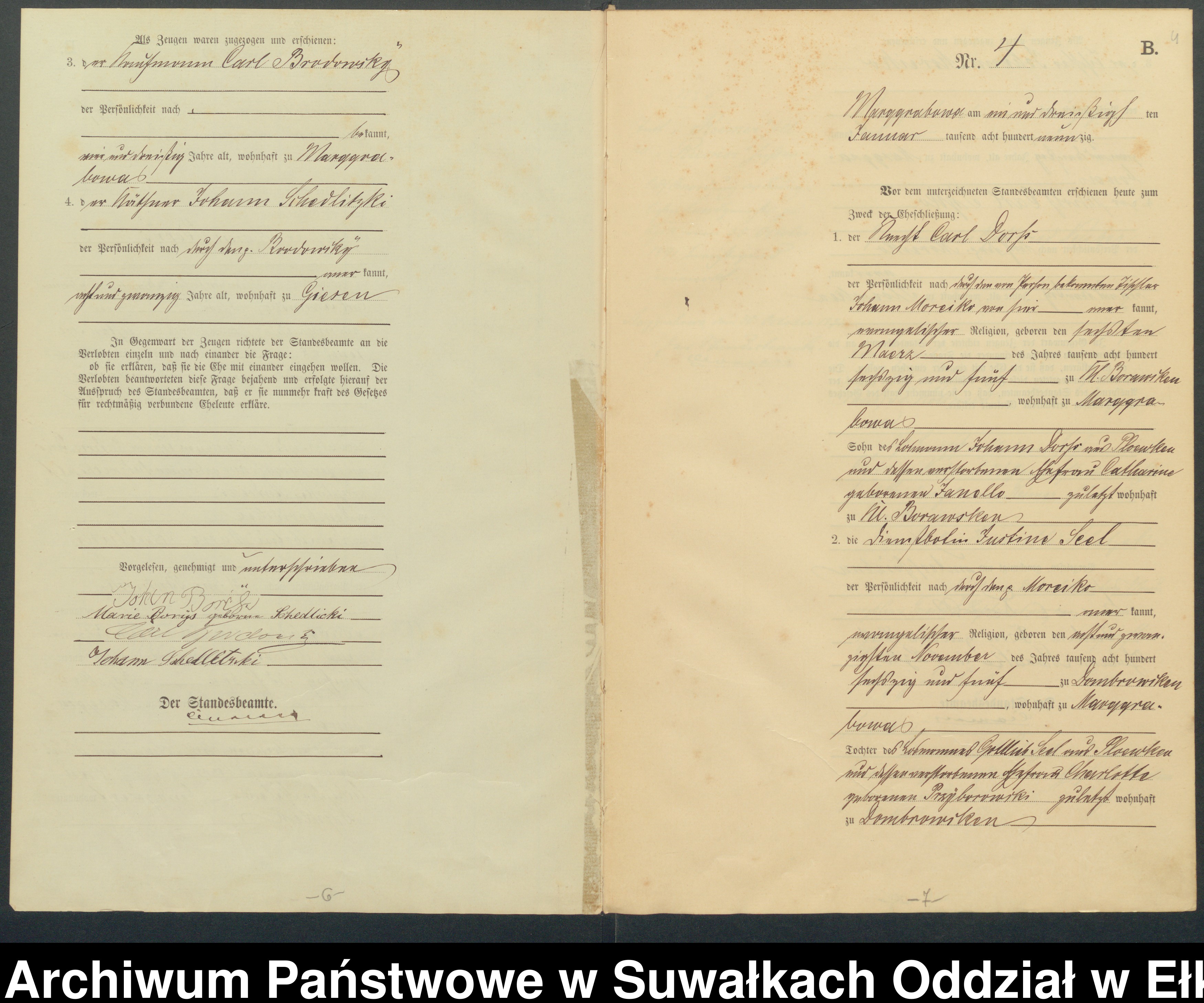 Skan z jednostki: Heiraths-Haupt-Register des Königlichen Preussischen Standes-Amtes Stadtgemeinde Marggrabowa Kreis Oletzko