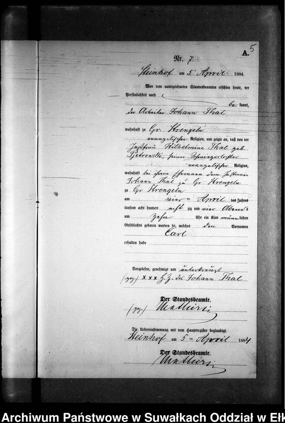 image.from.unit.number "Geburts-Neben-Register des Preussischen Standes-Amtes Gr. Strengeln Kreis Angerburg"