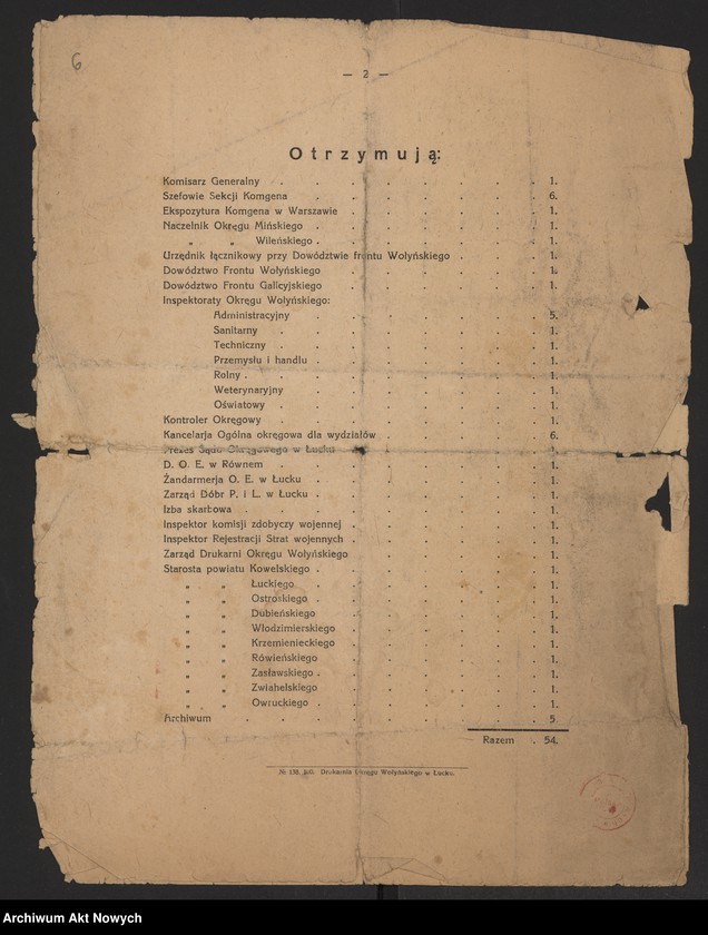 image.from.unit.number "Meldunki Inspektoratów Brzeskiego, Mińskiego, Wileńskiego przesyłane przez Zarząd Cywilny Ziem Wschodnich (Wydział Werbunkowy) do KCNP. Korespondencja ZCZW (Wydział Narodowościowy), z charakterystyką stosunków na pograniczu litewskim. Rozkaz Naczelnika Okręgu Wołyńskiego ZCZW"