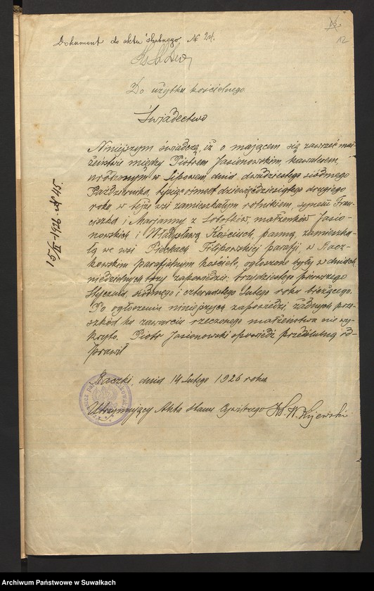 image.from.unit.number "Dokumenty Przedstawione do ślubnych aktów w roku 1926, Filipowskiej Rzymsko-Katolickiej parafji."