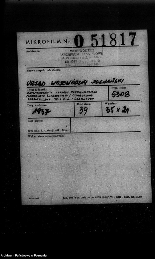 Obraz 2 z jednostki "Zatwierdzenie zakładu przemysłowego /warsztatu ślusarskiego/ firmy cukrownia szamotulska Spółka z o. o. Szamotuły"