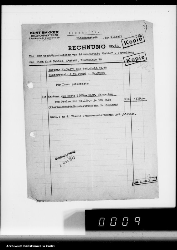 Obraz 7 z jednostki "Aufträge [Lieferscheinen und Rechnungen] 13800-13850.[i od 14351 do 14370]. [Dostawa artykułów pierwszej potrzeby do Getta]"