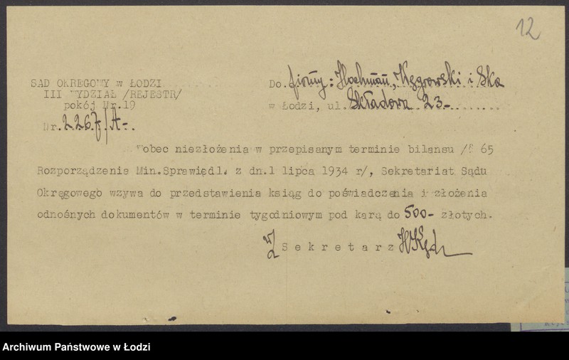 Obraz 14 z jednostki "Samuel Hochman, Samuel Węgrowski i S-ka- prowadzenie fabryki i sprzedaż towarów manufakturowych"