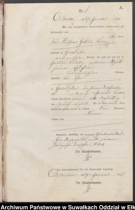 image.from.unit.number "Geburts-Neben-Register des Preussischen Standes-Amtes Orlowen Kreis Loetzen für das Jahr 1890"