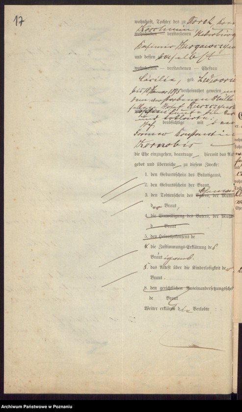 Obraz 19 z jednostki "Die von den Verlobten beigebrachten Urkunden zur Eheschliessung pro 1897"