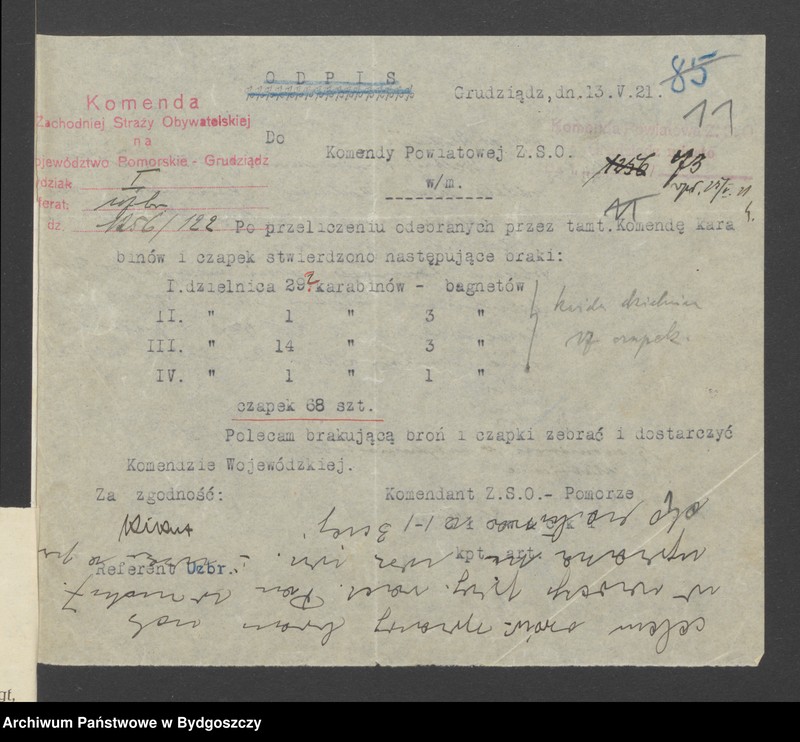 image.from.unit.number "Raporty o stanie uzbrojenia poszczególnych Komend Powiatowych Zachodniej Straży Obywatelskiej i Rozkazy Komendy Wojewódzkiej Pomorze dotyczące uzbrojenia"