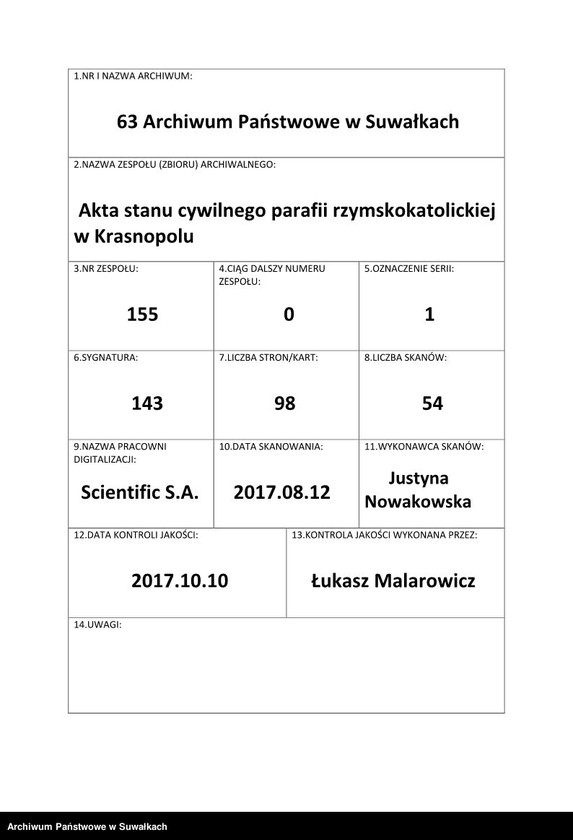 Obraz 1 z jednostki "Duplikat aktów stanu cywilnego rodzonych, zaślubionych i zmarłych z 1914 roku w parafii Krasnopol"