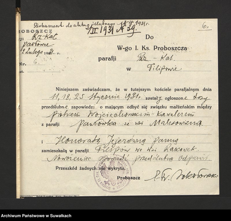 Obraz 8 z jednostki "Dokumenty przedstawione do ślubnych aktów roku 1931 w parafji rzymsko-katolickiej Filipów powiatu suwalskiego."