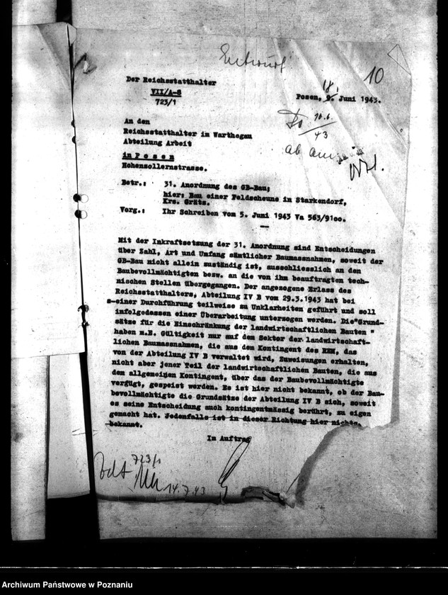 Obraz 14 z jednostki "Betriebsstoffzuteilungen für Kraftfahrzeuge. Regelung der Bauwirtschaft. Bauverbot. Lückenbebauung Posen. Behelfsbauten für Molkereien."