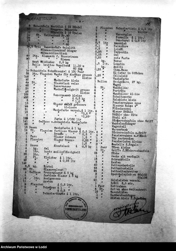 Obraz 14 z jednostki "[Specyfikacje materiałów technicznych, skórzanych, chemicznych, farbiarskich; artykułów biurowych, narzędzi, maszyn, tkanin, żywności i innych posiadanych na składzie Wydziału Specjalnego]"