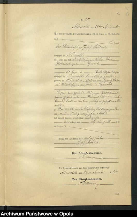 Obraz 20 z jednostki "Sterbe-Register (Neben-Register) Standesamt Altewalde 1910 No. 1 bis 45"