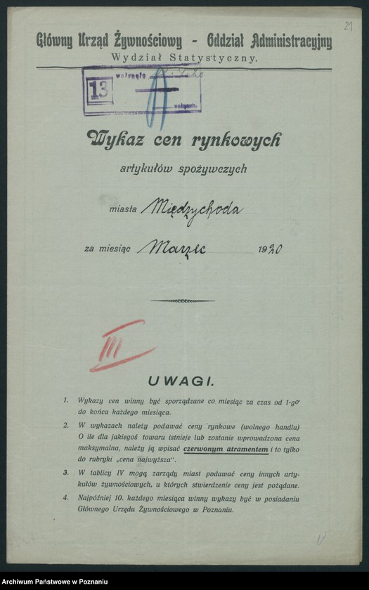Obraz 18 z jednostki "[Wykaz cen rynkowych artykułów spożywczych w poszczególnych miastach Województwa Poznańskiego za miesiąc marzec 1920]"