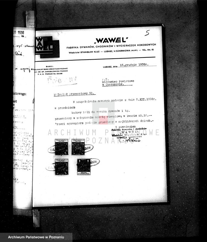 Obraz 14 z jednostki "Zatwierdzenie zakładu przemysłowo /warsztat tkacki firmy Wawel w Lubaszu pow. czarnkowski/"