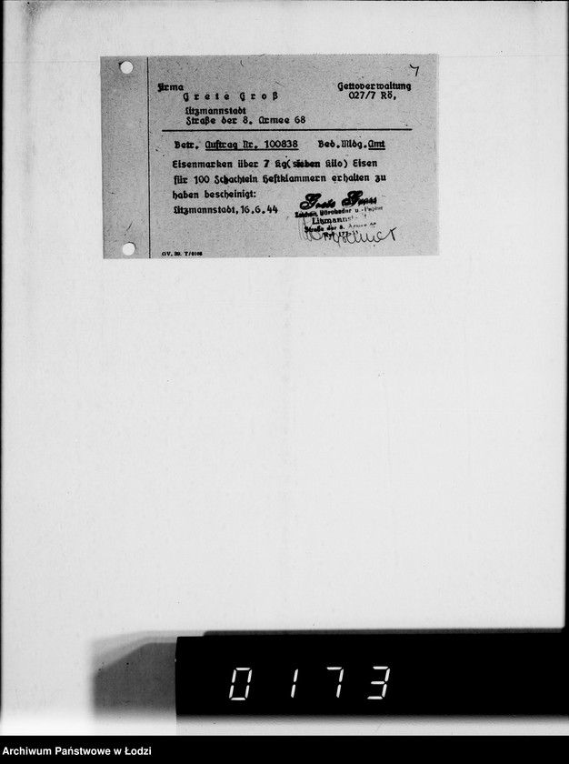 Obraz 8 z jednostki "[Przydział materiałów żelaznych dla Getta]"