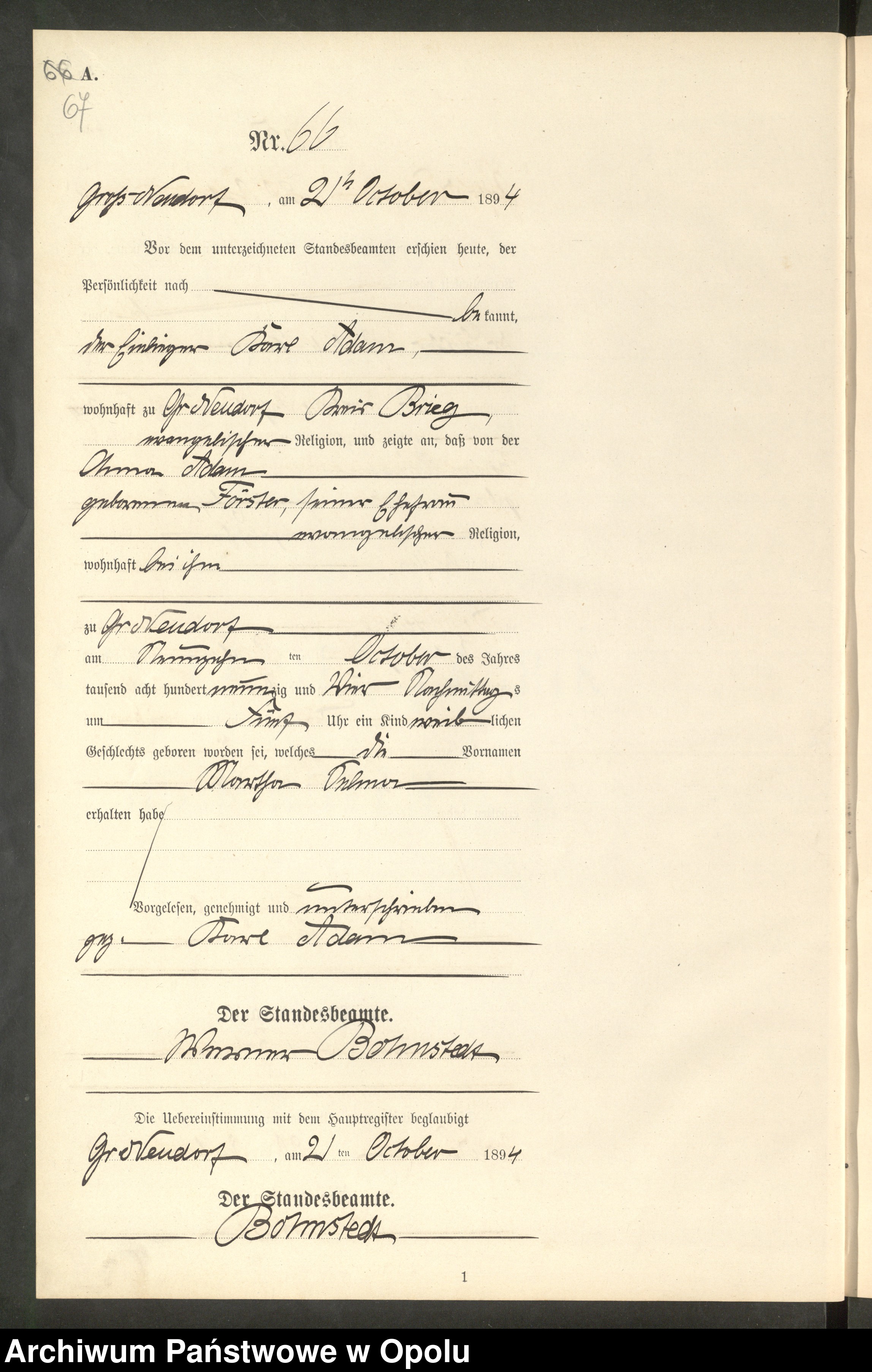 Skan z jednostki: Geburts-Neben-Register Standes-Amt Gross Neudorf 1894