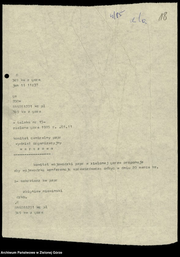 image.from.unit.number "Teleksy z KW do KC, styczeń - maj 1985"