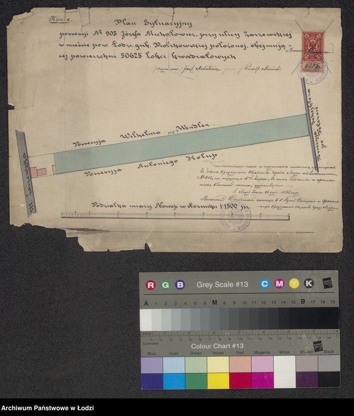 Obraz 1 z jednostki "Plan sytuacyjny possesyi No 903 Józefa Michałowicza przy ul. Zarzewskiej w mieście powiatowym Łodzi, guberni piotrkowskiej ..."