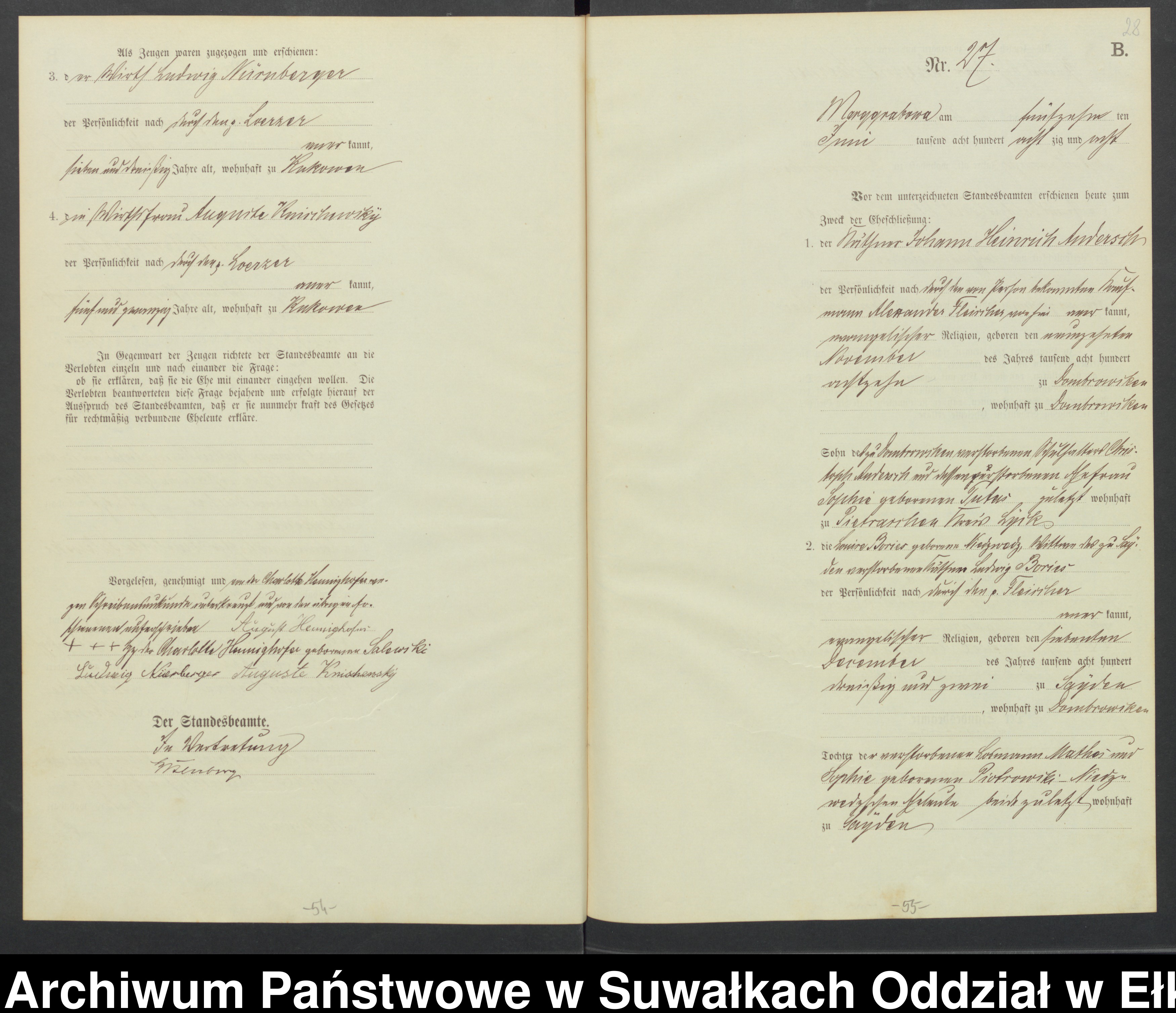 Skan z jednostki: Heiraths-Haupt-Register des Königlichen Preussischen Standesamtes Landbezirk Marggrabowa Kreis Oletzko