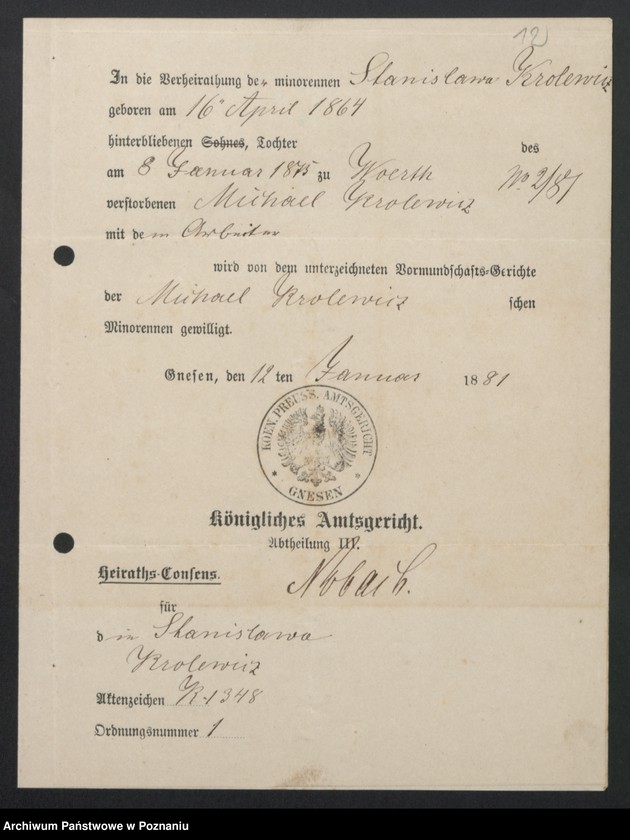image.from.unit.number "Acta betreffend die Sammel Akten für die von den verlobten beizubringenden Urkunden und Konsenserklärungen, für die Aufgebotscheinigungen und Dispensation [...] von 1881 bis 1884"