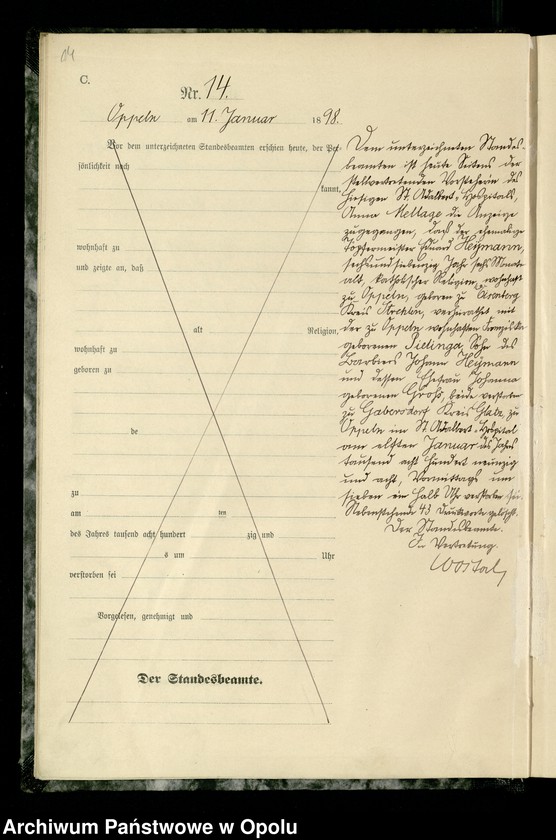 Obraz 17 z jednostki "Urząd Stanu Cywilnego w Opolu 1898 Rejestr zgonów Księga Miejscowa Nr 1 do 314"