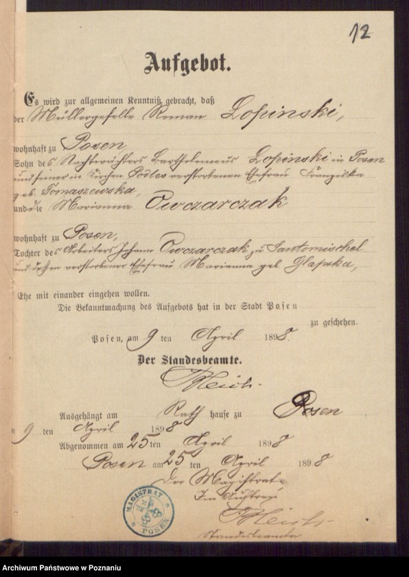 Obraz 14 z jednostki "Die von den Verlobten beigebrachten Urkunden zur Eheschliessung pro 1898"