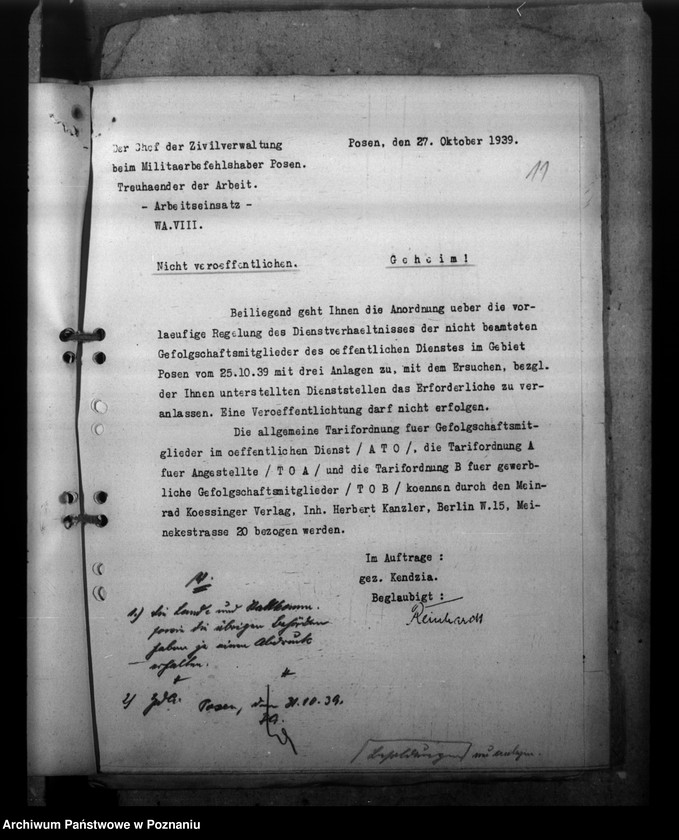 Obraz 15 z jednostki "Regelung des Dienstverhältnisses der Gefolgschaftsmitglieder im Gebiet Posen. Alters- und Hinterbliebenenversorgung. Entfernung der Polen ausdem öffentlichen Dienst"