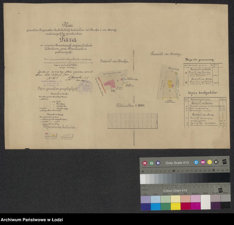 Obraz 1 z jednostki "Plan gruntów Rzymsko-katolickich kościołów św. Ducha i św. Anny należących do probostwa Fara w mieście Brzezinach ..."