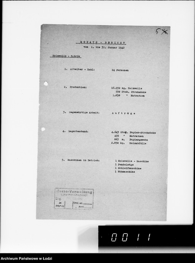 Obraz 9 z jednostki "Organisations im Getto. [Sprawozdania z działalności resortów i wydziałów administracji gettowej; produkcja, ruch ludności, sprawy policyjne]"