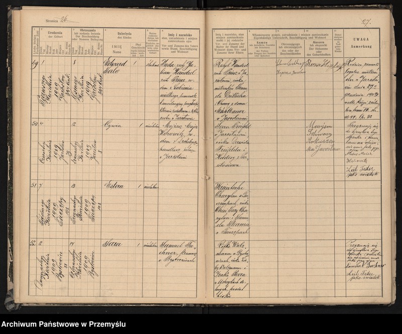image.from.unit.number "Księga urodzin izr[aelickiego] Urzędu metrykalnego w Jarosławiu 1909"