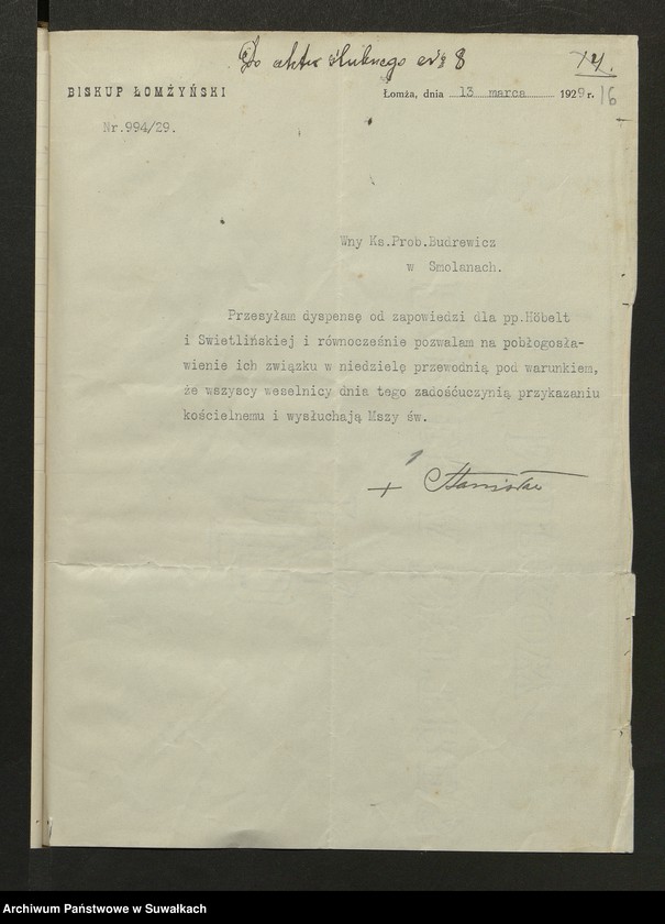 image.from.unit.number "Dokumenty Do aktów zaślubionych Smolańskiej R.K. Paraji za 1929 rok"