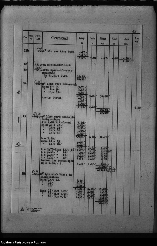 Obraz 16 z jednostki "Dienstwohngebäude - Reichsstatthalter Posen. Wirtschaftsgebäude 1 - 4 (nad jeziorem Góreckim) Massenberechnung"