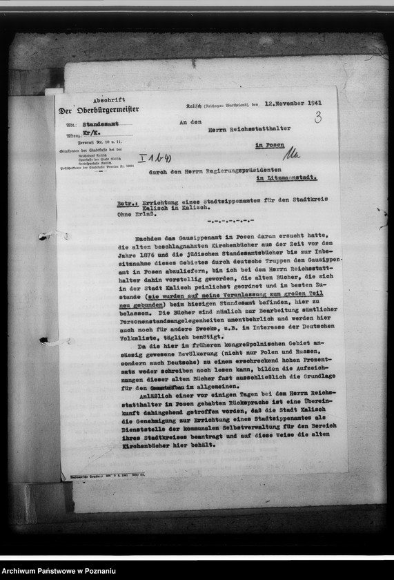 Obraz 7 z jednostki "[Korespondencja w sprawach organizacyjnych, sprawozdanie z działalności], Sippenamt für die Stadt und den Landkreis Kalisch [Kalisz]"
