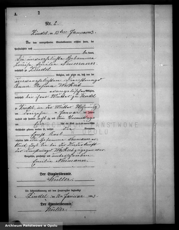 Obraz z jednostki "Geburts-Neben-Register Standes-Amt Zindel 1883"