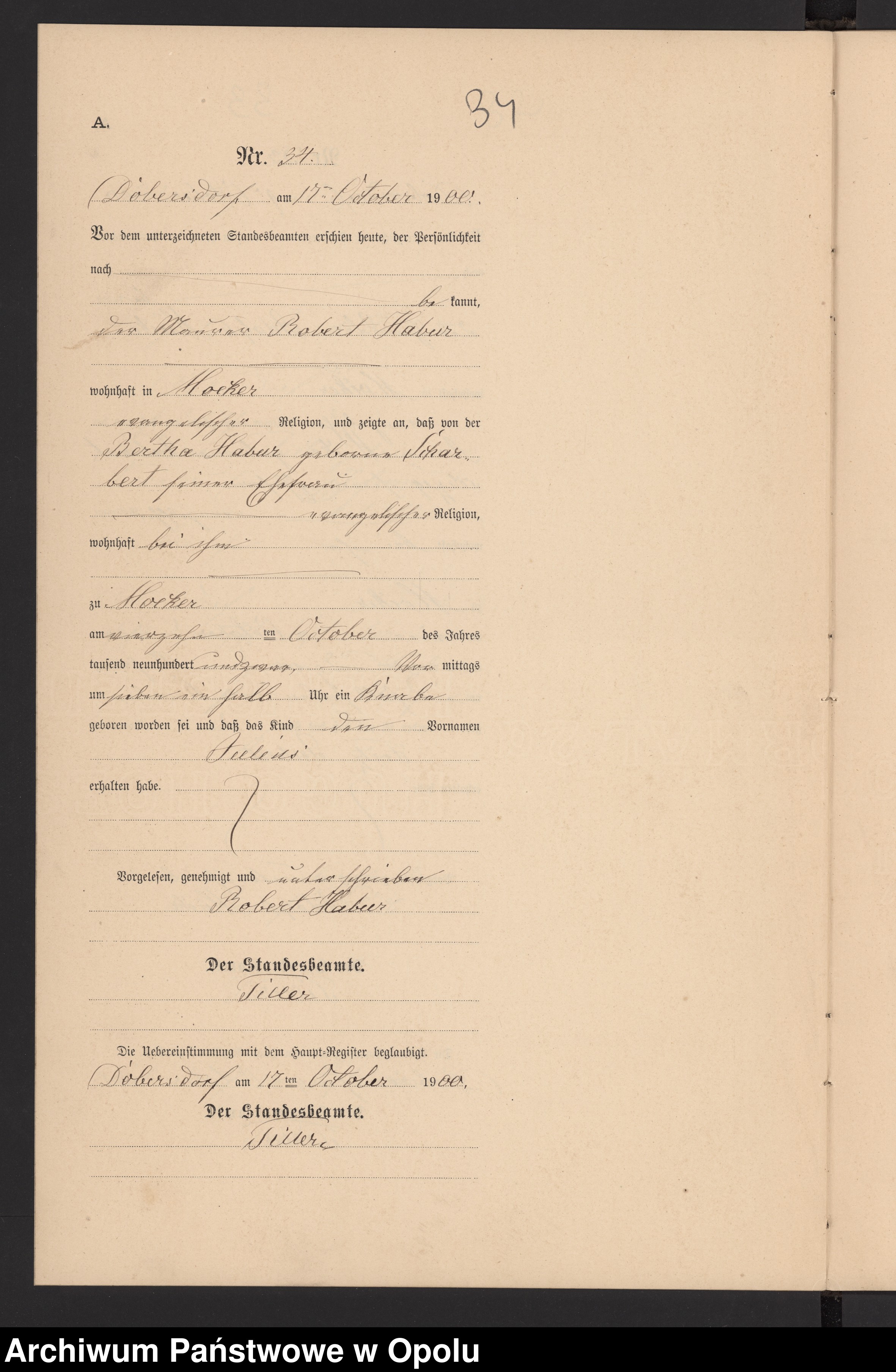 Skan z jednostki: Geburts-Neben-Register Standesamts Dobersdorf pro 1900