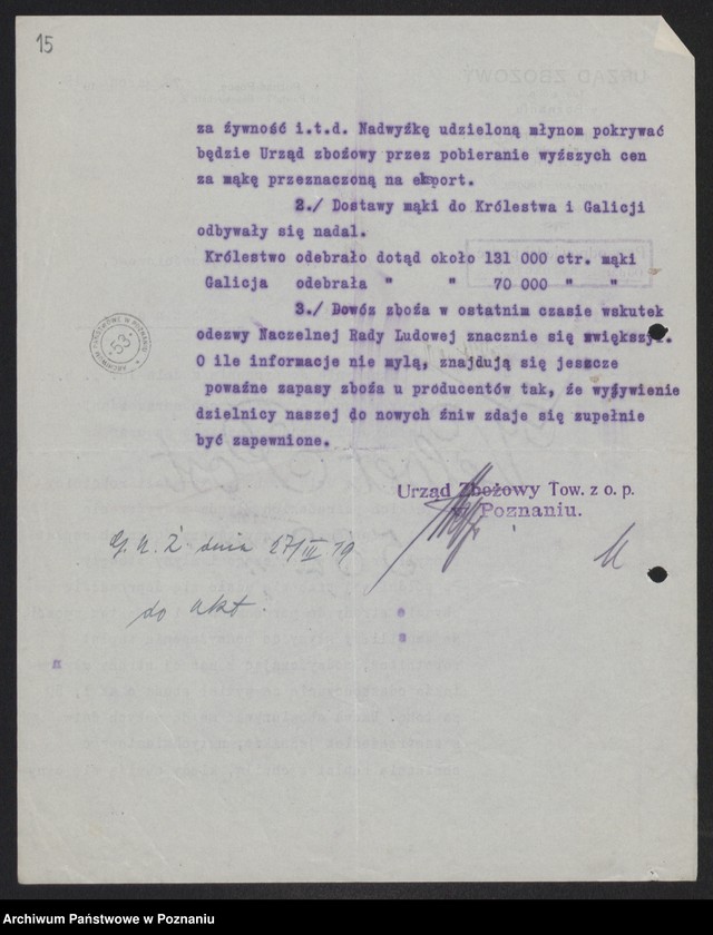 Obraz 17 z jednostki "[Sprawozdania Urzędu Zbożowego w Poznaniu dla Departamentu Aprowizacji byłej Dzielnicy Pruskiej]"