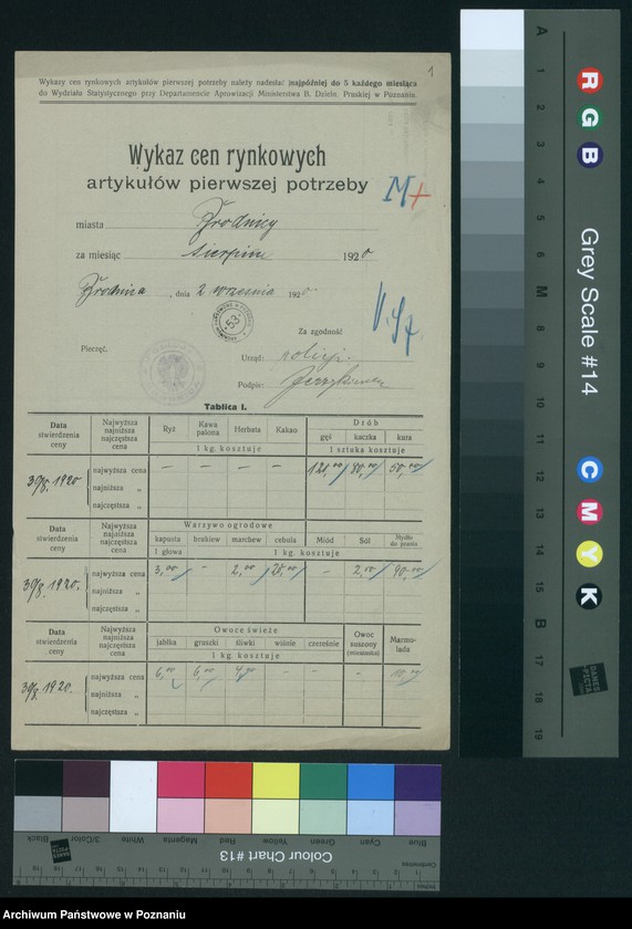 Obraz 3 z jednostki "[Wykaz cen rynkowych artykułów pierwszej potrzeby w poszczególnych miastach Województwa Pomorskiego za miesiąc sierpień 1920 roku]"