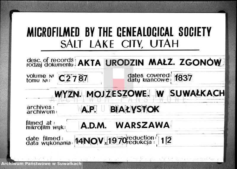 image.from.unit.number "Duplikat Akta Urzędnika Stanu Cwilnego Wyznania Moyżeszowego Okręgu Suwalskiego i Jeleniewskiego do zapisywania Urodzonych, Zaślubionych i Zmarłych z roku 1837"