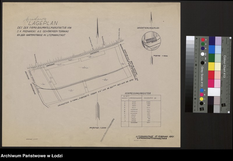 Obraz 1 z jednostki "Lageplan des der firma Baumwollmanufaktur von I.K. Poznański A.G. Gehörenden Terrains an der Gartenstrasse in Litzmannstadt"