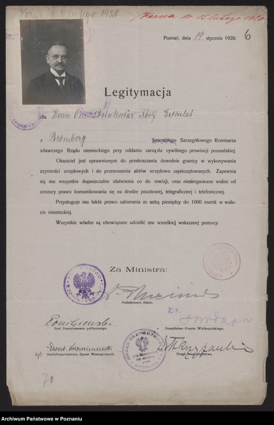 Obraz 8 z jednostki "[Egzemplarz legitymacji wydanych przez polskie władze komisarzom niemieckim dla oddania zarządu cywilnego prowincji poznańskiej]"