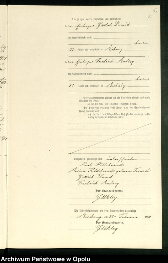 Obraz 10 z jednostki "Heiraths-Neben-Register Standes-Amt Riebnig 1900"