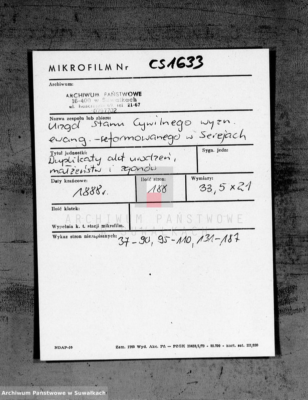 image.from.unit.number "Duplikat Aktov Graždanskogo Sostojanija Serejskogo Ev.-Reformatskogo Prichoda o Rodivšichsja, brakosočetavšichsja i umeršich v 1888 godu"