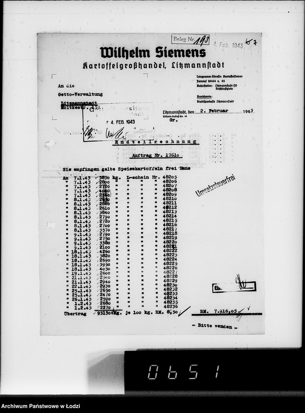 Obraz 11 z jednostki "Lebensmitteleinkauf. Aufträge, [Lieferscheinen und Rechnungen] 17593-17610 [Dostawa ziemniaków do Getta]"