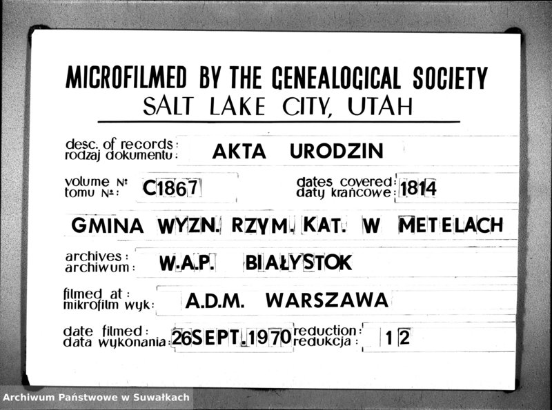 Obraz 1 z jednostki "Księgo Aktów Urodzenia Urzędnika Stanu Cywilnego Gminy Metelskiey Powiatu Seyneńskiego Departamentu Łomżyńskiego od 1 Stycznia Tysiąc Osimset Czternastego Roku 1814"
