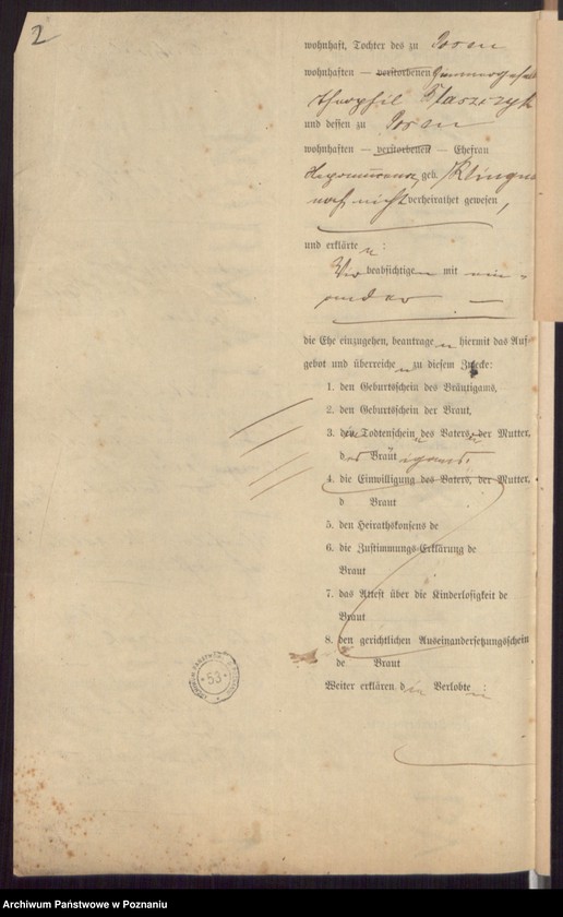 Obraz 4 z jednostki "Die von den Verlobten beigebrachten Urkunden zur Eheschliessung pro 1897"